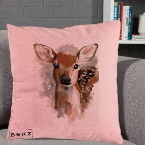Perna Decorativa Caprioara Pui Acuarela, 40x40 cm, Roz, Husa Detasabila, Perna Inclusa, BEKZ®