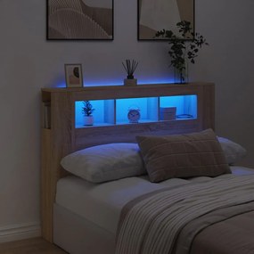837346 vidaXL Tăblie de pat cu LED, stejar sonoma, 140x18,5x103,5 cm, lemn