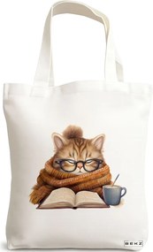 Sacosa de Panza pentru Cumparaturi, Geanta Tote, model Reading puppy 5 38 x 34.5 cm, Alba, BEKZ®