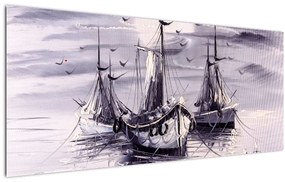 Tablou - Port marin, pictură în ulei (120x50 cm)