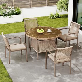 Set mobilier de grădină modern, 5 piese, masă rotundă cu blat din sticlă securizată, 4 scaune cu brațe cu spătar din sfoară, Maro