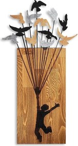 Decoratiune perete FLYING BOY 2, stejar/negru, lemn/metal, 45x86 cm