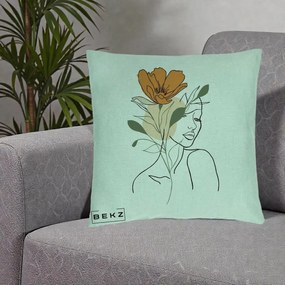 Perna Decorativa Portret Feminin Floare Portocalie, 40x40 cm, Verde Menta, Husa Detasabila, Perna Inclusa, BEKZ®