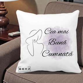 Cadou pentru Cumnata - Perna Personalizata Cea mai Buna Cumnata cu Silueta Dama si Pete Violet, 40x40 cm, Alba Mata, Husa Detasabila, Perna Inclusa, BEKZ®
