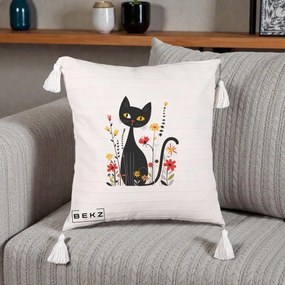 Perna Decorativa Pisica Neagra Ochi Galbeni Flori, 40x40 cm, Bej cu Franjuri, Husa Detasabila, Perna Inclusa, BEKZ®