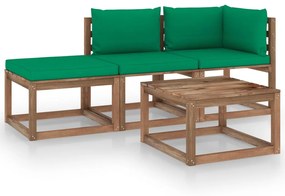Set mobilier gradina paleti cu perne, 4 piese, lemn pin tratat Verde, colt + mijloc + suport pentru picioare + masa, 1