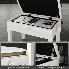 Scaun de Pian HOMCOM Reglabil cu Compartiment de Depozitare și Scaun Imbunătățit, 54.5x33x48-58 cm, Alb | Aosom Romania