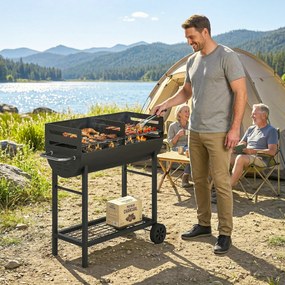 Outsunny Grătar pe cărbune cărucior cu 2 zone de gătit grilă reglabilă pe înălțime raft pentru lemne roți mâner lateral, 103 x 46,5 x 100cm | Aosom Romania