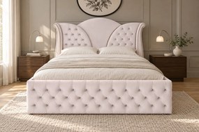 Pat tapițat Chesterfield din catifea Velora Deluxe 180×200 cm, crem, cu ladă de depozitare