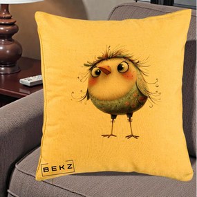 Perna Decorativa Pasare cu Penaj Zbarlit si Gene, 40x40 cm, Galben, Husa Detasabila, Perna Inclusa, BEKZ®