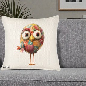 Perna Decorativa Pasare Patchwork cu Gene Lungi, 40x40 cm, Crem Reliefat, Husa Detasabila, Perna Inclusa, BEKZ®