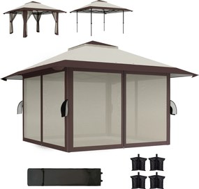 Outsunny Pavilion de grădină 4 x 4 m, cort de grădină cu pereți din plasă, protecție UPF50+, cort de petrecere cu înălțime reglabilă, Bej | Aosom Romania
