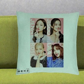 Perna Personalizata K-pop BLACKPINK Colaj 4 Portrete cu Semnature, 40x40 cm, Verde Menta, Husa Detasabila, Perna Inclusa, BEKZ®