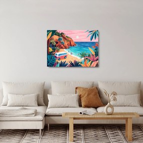 Tablou pe sticlă - Rulotă la ocean (70x50 cm)
