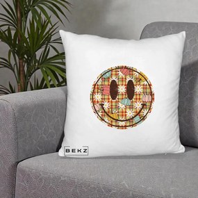 Perna Decorativa Smiley Face de Toamna cu Tartan si Dovlecei, 40x40 cm, Alb Pufos, Husa Detasabila, Perna Inclusa, BEKZ®