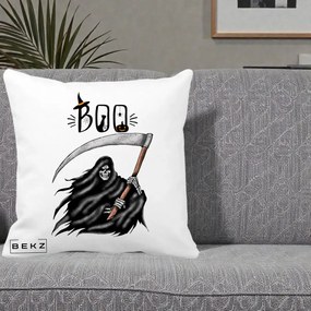 Perna Decorativa Halloween Boo Grim Reaper cu Coasa, 40x40 cm, Alba Mata, Husa Detasabila, Perna Inclusa, BEKZ®