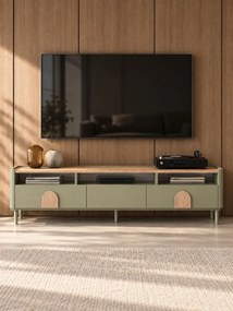 Comodă TV Amilio 200 cm cu sertare - eucalipt / stejar baltic dune / mânere stejar natural