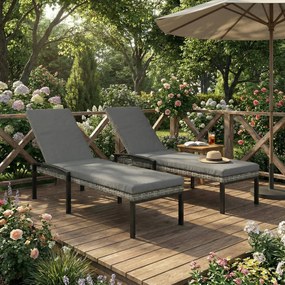 Outsunny Set de 2 șezlonguri Polyrattan, șezlong de grădină cu spătar reglabil în 5 poziții, pernă, până la 120 kg, Gri deschis | Aosom Romania