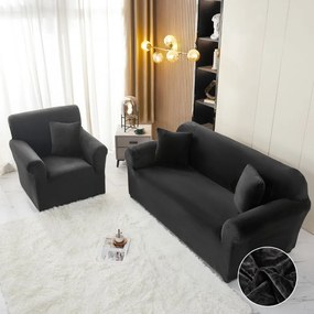 Husa elastica din catifea, canapea 3 locuri, cu brate, negru, HCCJ3-01