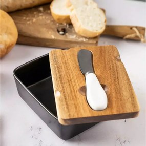 Cutie ceramica si cutit pentru unt Klausberg KB 7784, Capac lemn de salcam, Negru/maro