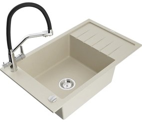 Mexen Elias chiuvetă de granit cu un compartiment, cu picurător și baterie de bucătărie Duo, Bej - 6511-69-671701-07