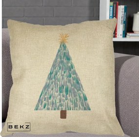 Perna Decorativa Brad de Craciun Acrilic Albastru, 40x40 cm, Crem, Husa Detasabila, Perna Inclusa, BEKZ®