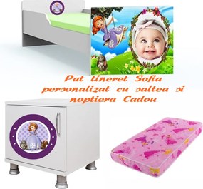 Pat tineret Sofia personalizat cu saltea si noptiera Cadou