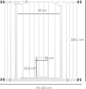 PawHut Poartă Reglabilă pentru Câini Înaltă cu Ușă Mică și Închidere Automată, 74-101x104cm, Alb | Aosom Romania
