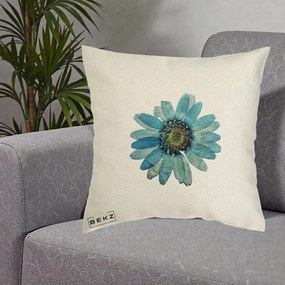Perna Decorativa Floare Margareta Albastra Acuarela, 40x40 cm, Ecru, Husa Detasabila, Perna Inclusa, BEKZ®