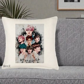 Perna Personalizata K-pop BTS Bangtan Boys Poster Artistic Negru Alb, 40x40 cm, Crem Reliefat, Husa Detasabila, Perna Inclusa, BEKZ®