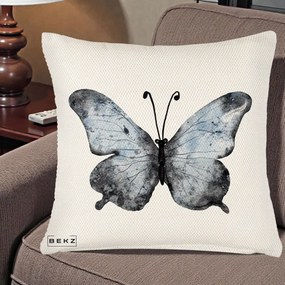 Perna Decorativa Fluture Acuarela Albastru-Gri, 40x40 cm, Crem Reliefat, Husa Detasabila, Perna Inclusa, BEKZ®