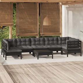 3096440 vidaXL Set mobilier grădină cu perne, 8 piese, negru, lemn masiv pin