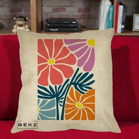 Perna Decorativa Flori Grafice Roz-Orange-Albastru, 40x40 cm, Crem, Husa Detasabila, Perna Inclusa, BEKZ®