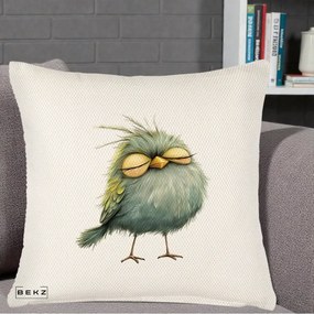 Perna Decorativa Pasare Teal Adormita cu Ochi Galbeni, 40x40 cm, Crem Reliefat, Husa Detasabila, Perna Inclusa, BEKZ®