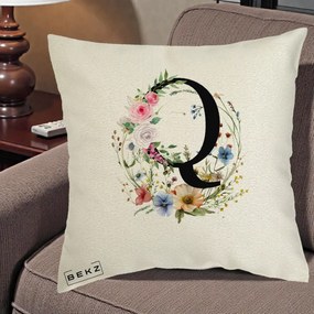 Cadou Personalizat - Perna Personalizata Monogram Litera Q cu Flori Acuarela, 40x40 cm, Ecru, Husa Detasabila, Perna Inclusa, BEKZ®
