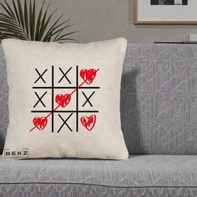 Cadou Romantic - Perna Personalizata Love Joc X si Inima cu Castigator Iubire, 40x40 cm, Bej Canapea, Husa Detasabila, Perna Inclusa, BEKZ®