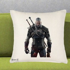 Perna Personalizata The Witcher Geralt of Rivia Portret, 40x40 cm, Crem Reliefat, Husa Detasabila, Perna Inclusa, BEKZ®