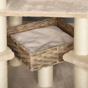 PawHut Săculeț de zgâriat din ratan cu căsuță pentru pisici Săculeț de pisici cu mai multe etaje Kletterbaum pentru pisici E1 MDF Sisal Bej+Maro 55 x 55 x 174 cm | Aosom Romania