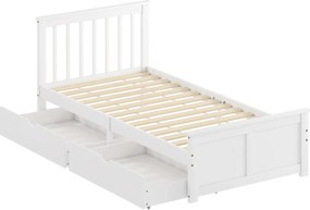 HOMCOM Cadru de pat 90x190cm din lemn masiv,  2 sertare pe roți, tăblie, picior de pat, somier cu lamele, alb | Aosom Romania