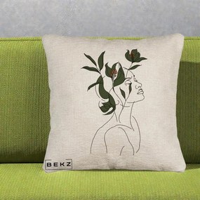 Perna Decorativa Portret Feminin Crin Verde, 40x40 cm, Bej Canapea, Husa Detasabila, Perna Inclusa, BEKZ®