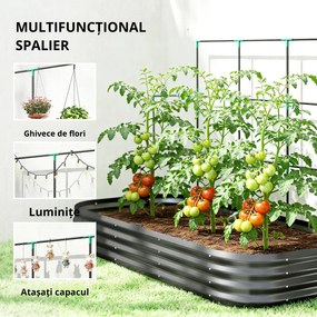 Outsunny Jardiniere Ridicate din Metal cu Grilaj, Pat de Grădină Înălțat cu Fund Deschis, Mănuși și Grilaj pentru Plante Cățărătoare, Legume și Flori, 220x110x150 cm, Gri Închis | Aosom Romania