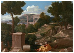 Tablou pe sticlă - Nicolas Poussin, Landscape with Saint John on Patmos, reproducere (70x50 cm)