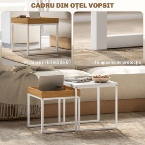 HOMCOM Set de Măsuțe de Cafea Impilabile Moderne cu Tavă, 45x45x45 cm, Alb și Stejar | Aosom Romania