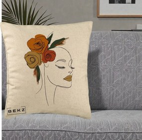 Perna Decorativa Portret Feminin Trandafiri Ruginii, 40x40 cm, Bej, Husa Detasabila, Perna Inclusa, BEKZ®