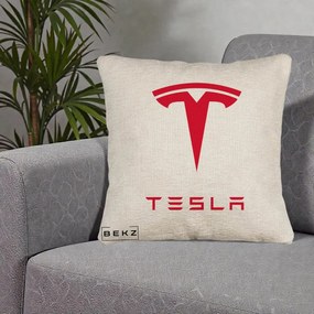 Perna Personalizata cu emblema Tesla, 40x40 cm, Bej Canapea, Husa Detasabila, Perna Inclusa, BEKZ®