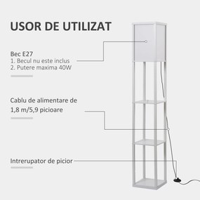 Lampa de Podea HOMCOM cu 3 Polite Integrate, Cuplare E27 Putere 40W, MDF, 26x26x160cm, Alb | Aosom Romania