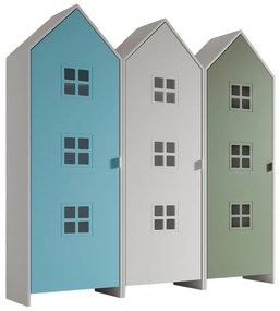 Set 3 dulapuri pentru copii Casami Bruges tip colibă de plajă – 1 cu ușă albă, 1 cu ușă Albastru și 1 cu ușă Verde Intens – Vipack