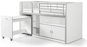 Pat etajat din pal si metal cu birou incorporat si 2 usi, pentru copii Bonny alb, 200 x 90 cm - BONHS9114