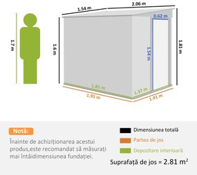 Outsunny Magazie Grădină din Oțel, Ușă Glisantă, pentru Căsuță de Unelte, Căsuță de Grădină, 154x206.5x160/181 cm, Albă | Aosom Romania