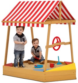 AIYAPLAY Bacă de nisip pentru copii în formă de barcă cu acoperiș anti-UV, scaune, roată de guvernare și fund protector, 133 x 101 x 141 cm | Aosom Romania